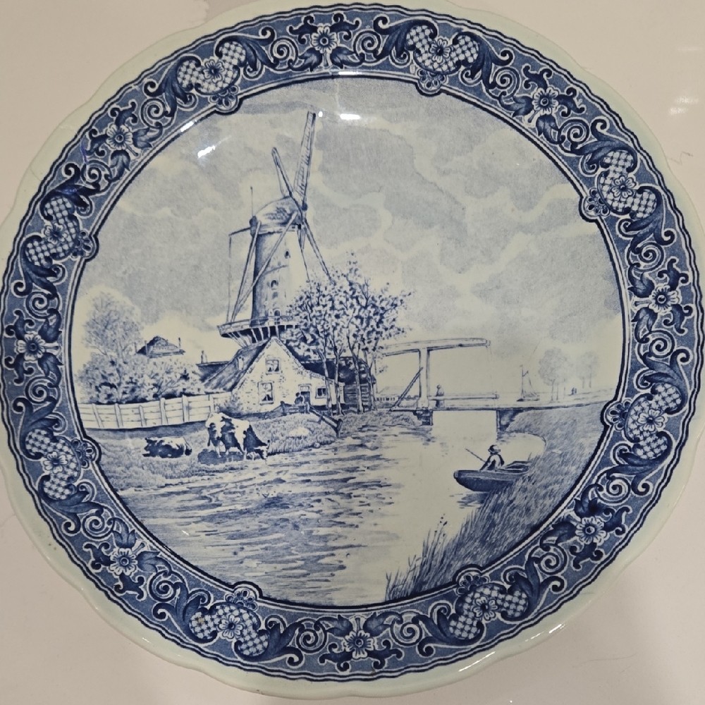 Vintage Delft Decor Plate By Boch Belgium Blue Windmill, Made For Royal Sphinx